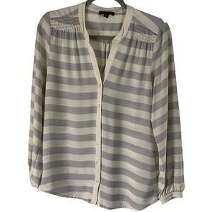 Willi‎ Smith Grey Cream Striped Smocked Shoulder Button Down Blouse Small Office